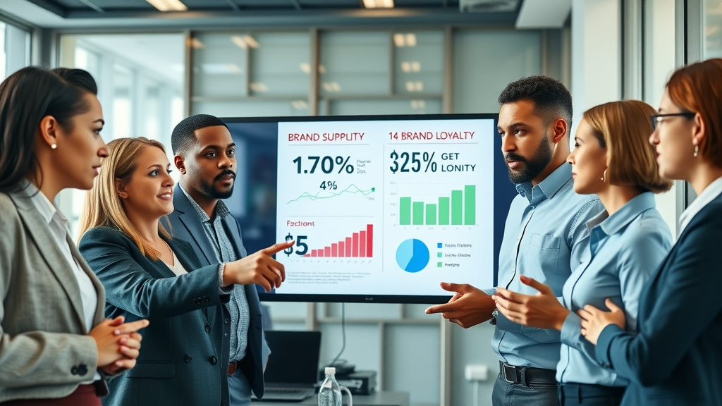Insightful group of diverse business professionals analyzing surprising brand loyalty statistics, engaged expressions, pointing to large digital screen, modern corporate meeting room