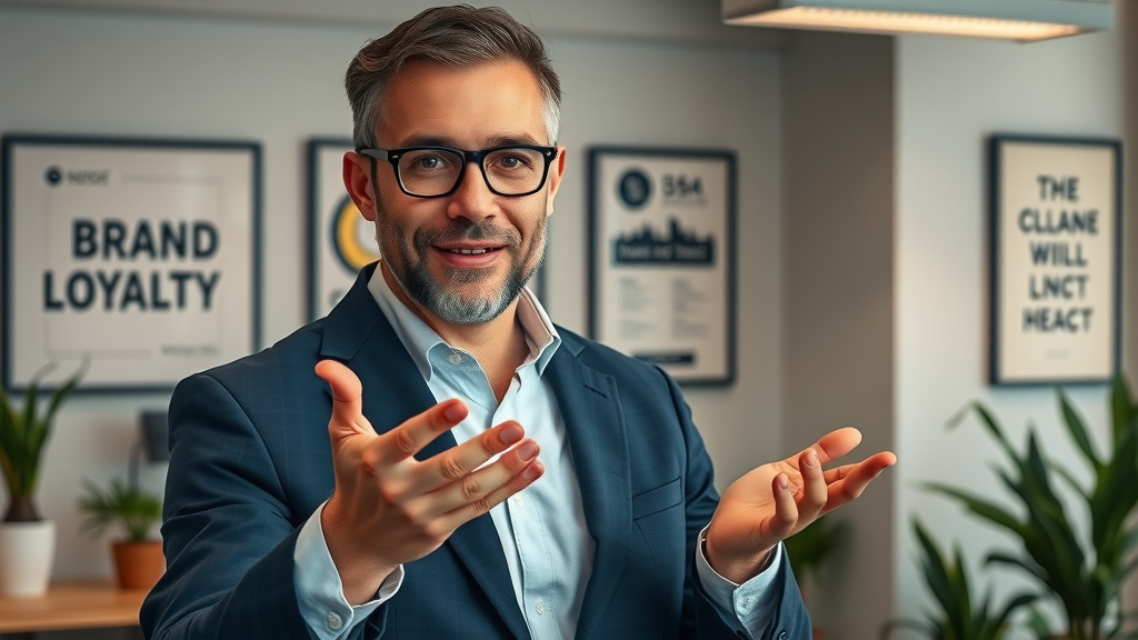 Professional marketing expert presenting the concept of brand loyalty, confident expression, branded icon, office background, highly detailed