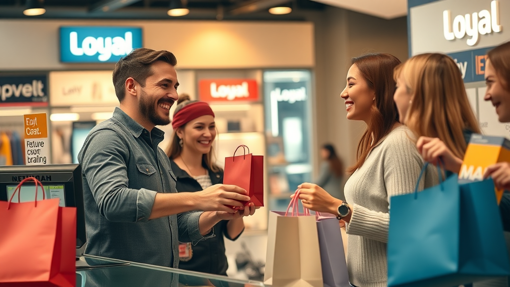 Enthusiastic returning customers making repeat purchases, friendly interaction at branded retail counter, modern retail environment