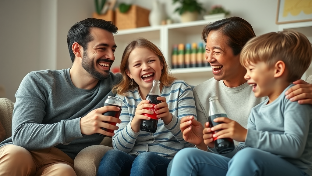Happy family emotionally engaged with a familiar brand at home, sharing together, brand merchandise subtly present, cozy living room