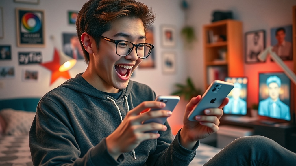 Energetic young person engaging with a favorite brand on social media, actively sharing or liking content, trendy studio