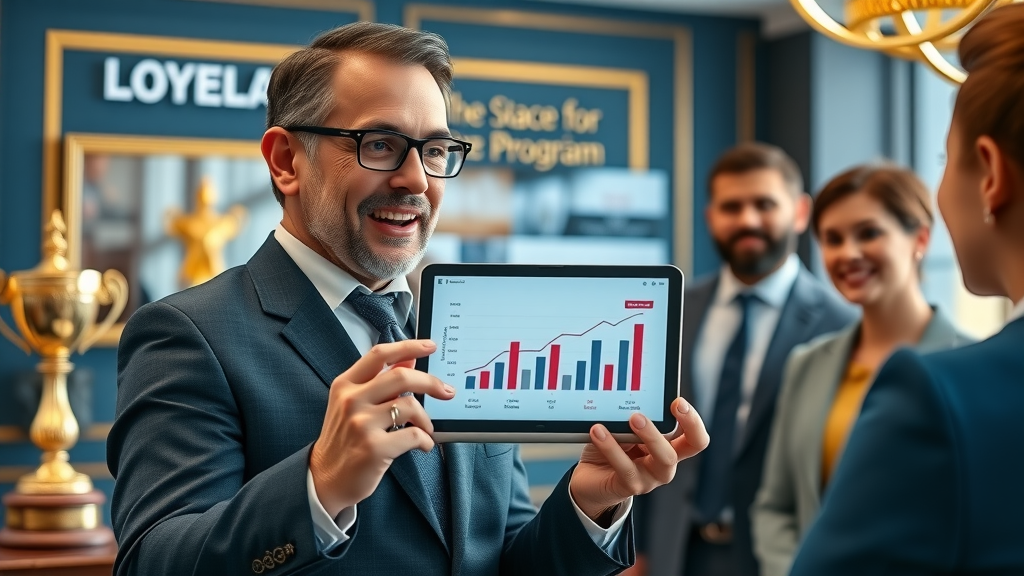 Inspiring brand leader showcasing successful loyalty program results on digital tablet, proud team discussion, elegant office