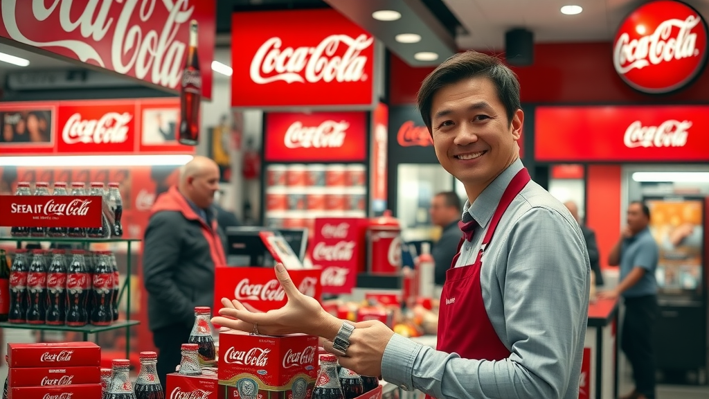 Welcoming retail display of Coca Cola memorabilia and branded items, inviting staff near iconic red and white display