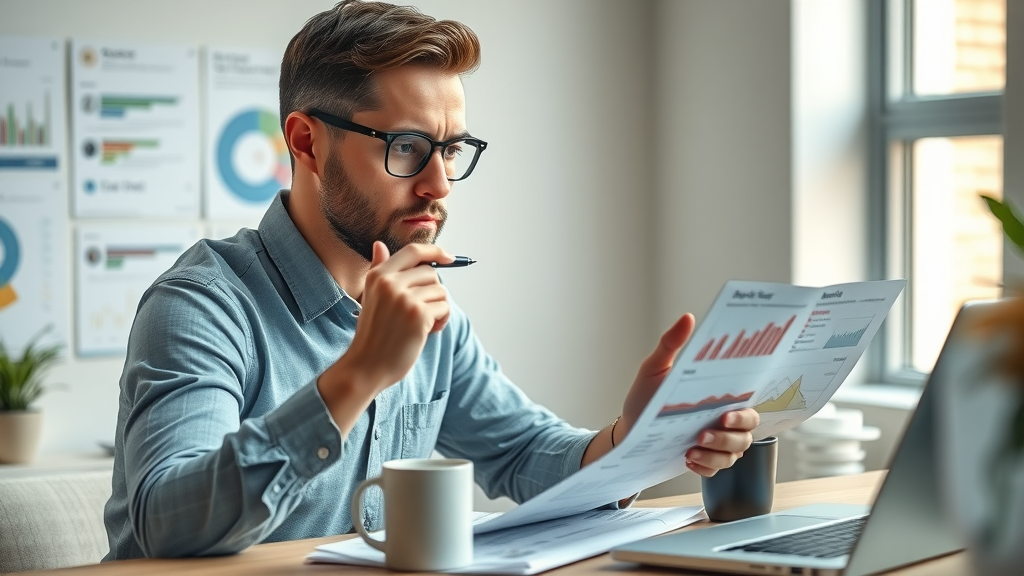 Dedicated business owner evaluating customer feedback and brand reviews, analyzing infographics at workspace, branded mug on desk