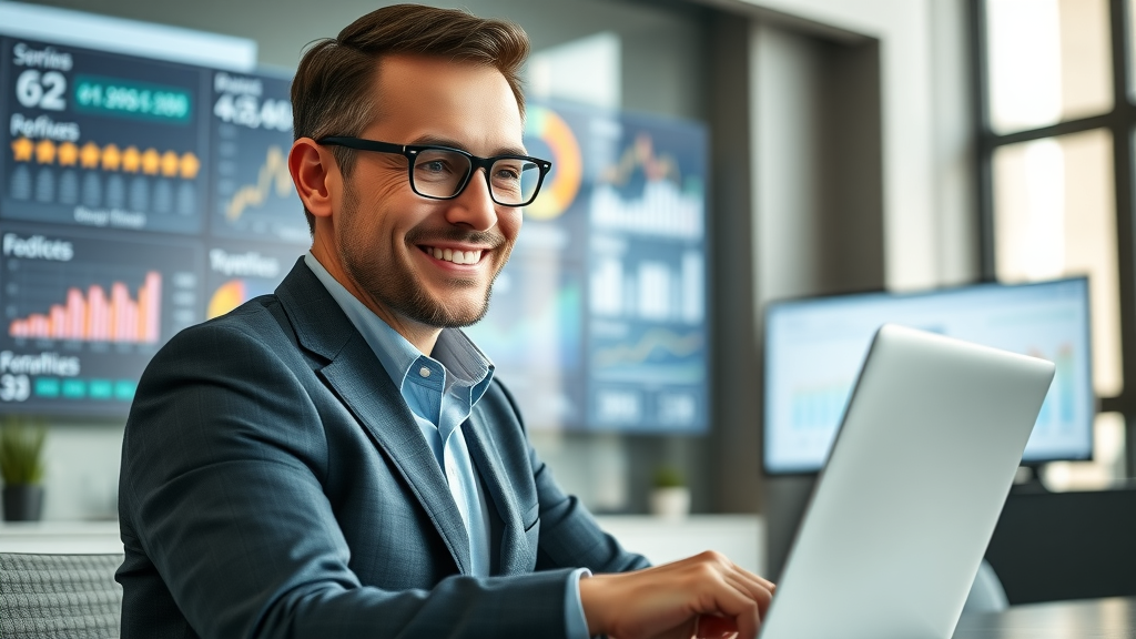 Confident business professional reviewing online reputation dashboard for reputation repair in modern office, analytics displayed on digital screens, natural position