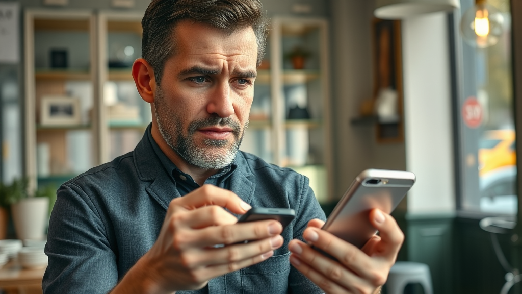 Anxious small business owner reacts to negative reviews on phone, reputation repair scenario in cozy café