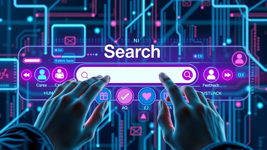 Dynamic search engine interface with feedback icons for reputation repair, glowing digital effects represent online reputation management