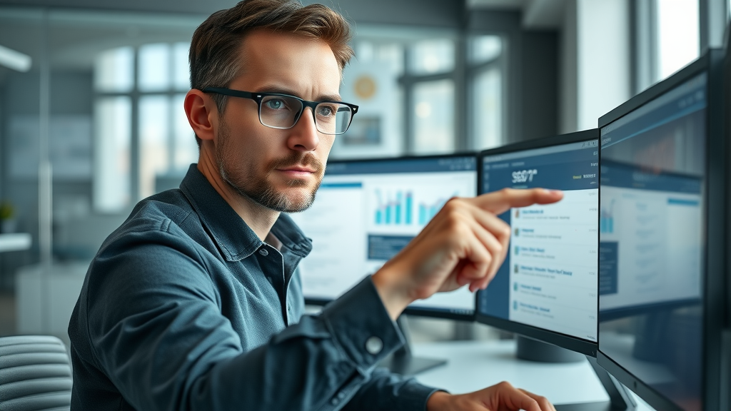 Modern SEO expert analyzing search results for reputation repair in tech office environment