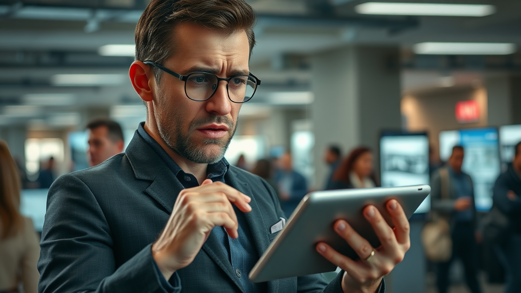 Worried entrepreneur sees viral negative news on tablet during reputation repair emergency in public workspace
