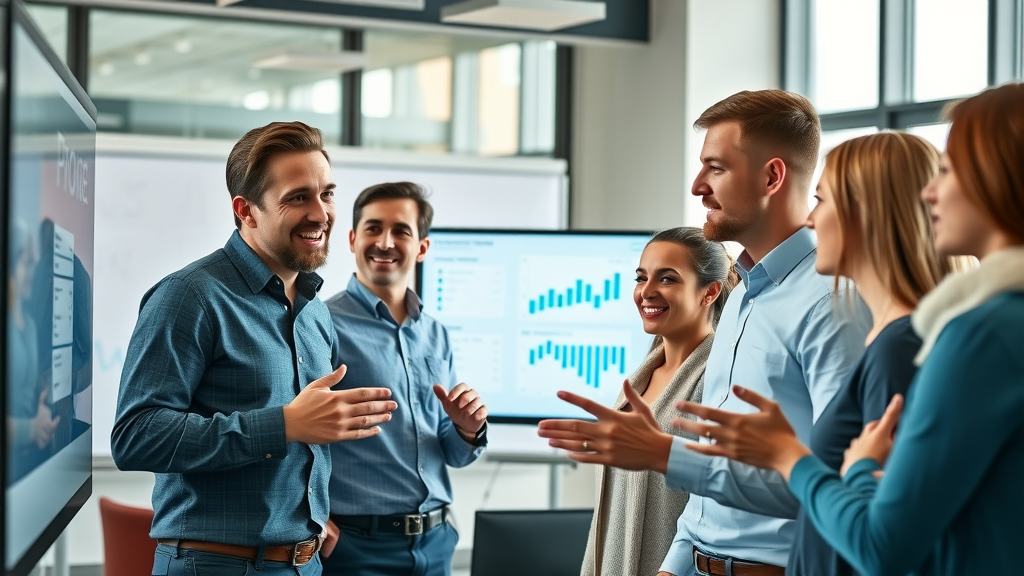 dynamic professional marketing team analyzing real-time audience engagement data on digital dashboards in a modern collaborative office space