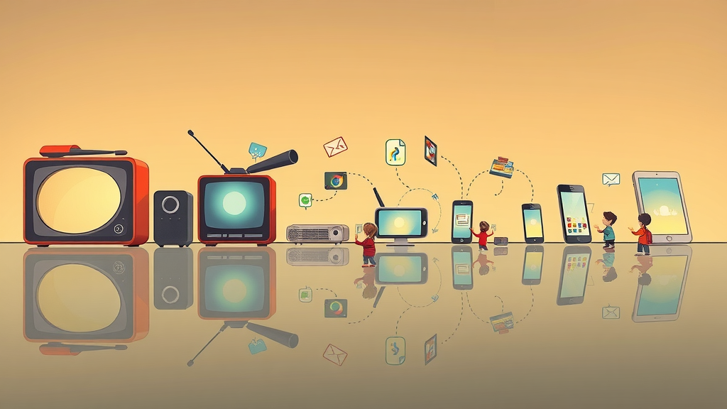 timeline artwork depicting progression from traditional media like radio and TV to digital interactivity with smartphones and interactive screens