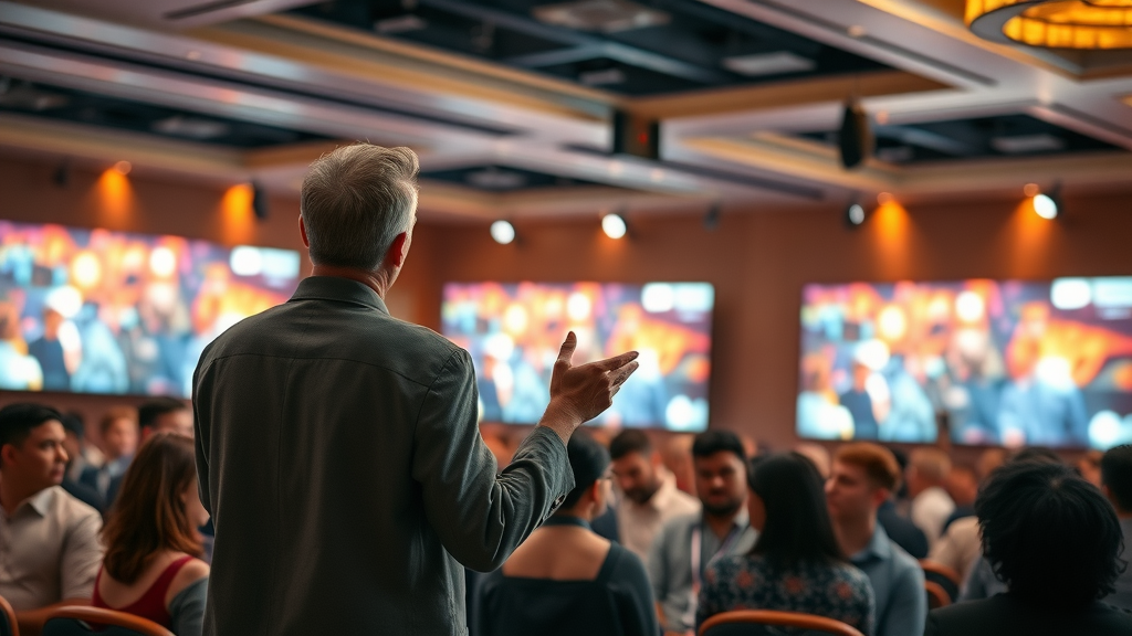 inspired event speaker presenting interactively to a captivated diverse audience during a digital conference with large screens