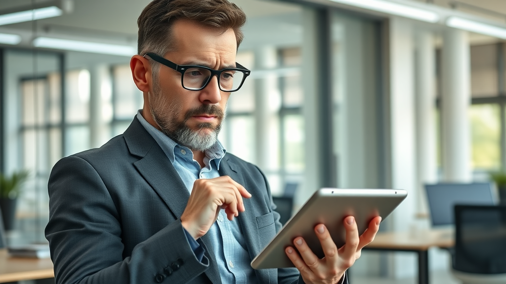 cautious business owner reviewing customer feedback on a digital tablet in a bright modern office using review generation tools