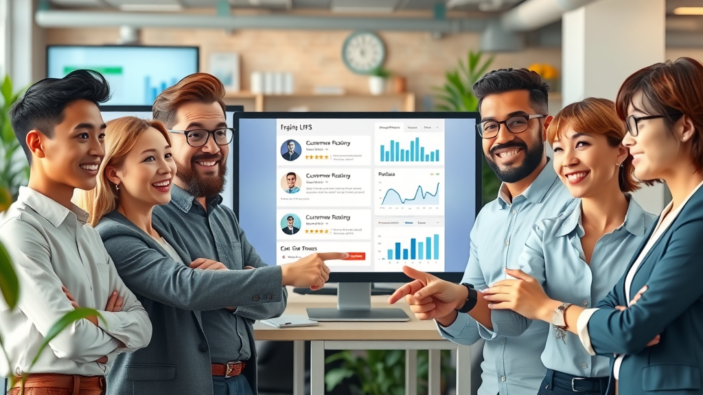 small business professionals collaborating on review generation tools and customer reviews in a modern workspace