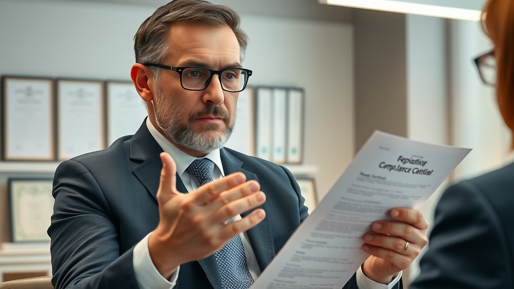 legal advisor discussing the risks of fake reviews and review generation compliance with a client in a lifelike office setting