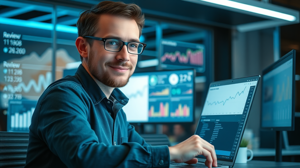 marketing manager reviewing generation software dashboard for automated customer review collection and analytics