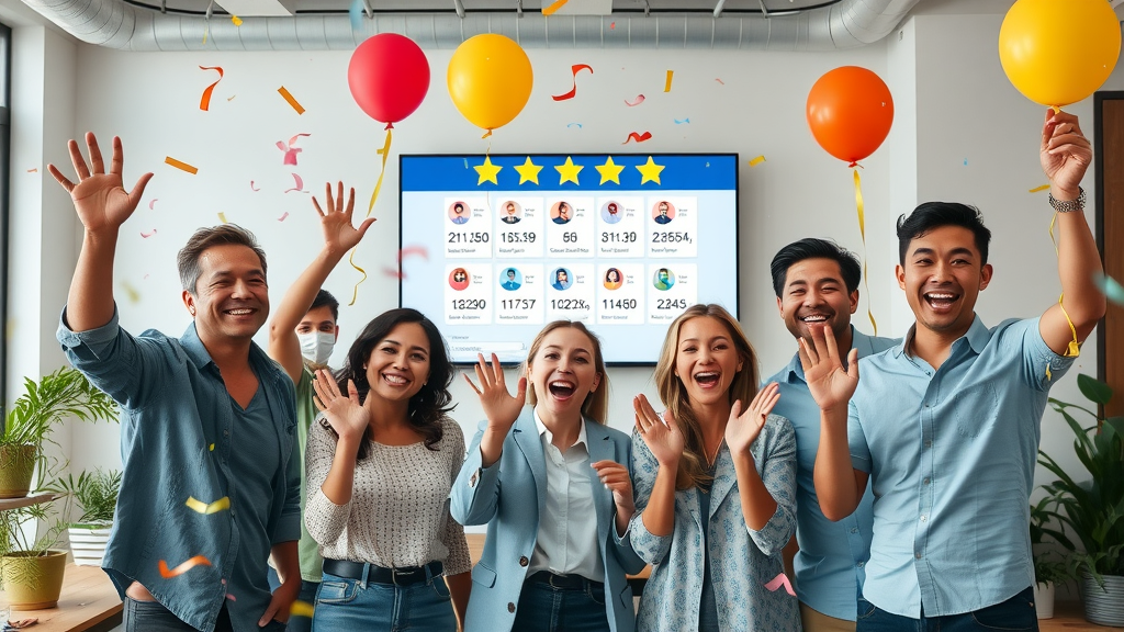 small business team celebrating growth in customer reviews with generation tool, vibrant office scene showing results on digital screen