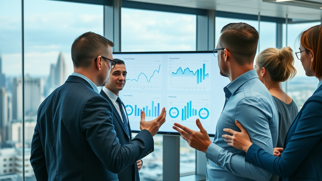Concerned marketing professionals reviewing google ads campaign performance charts in a modern office with city views