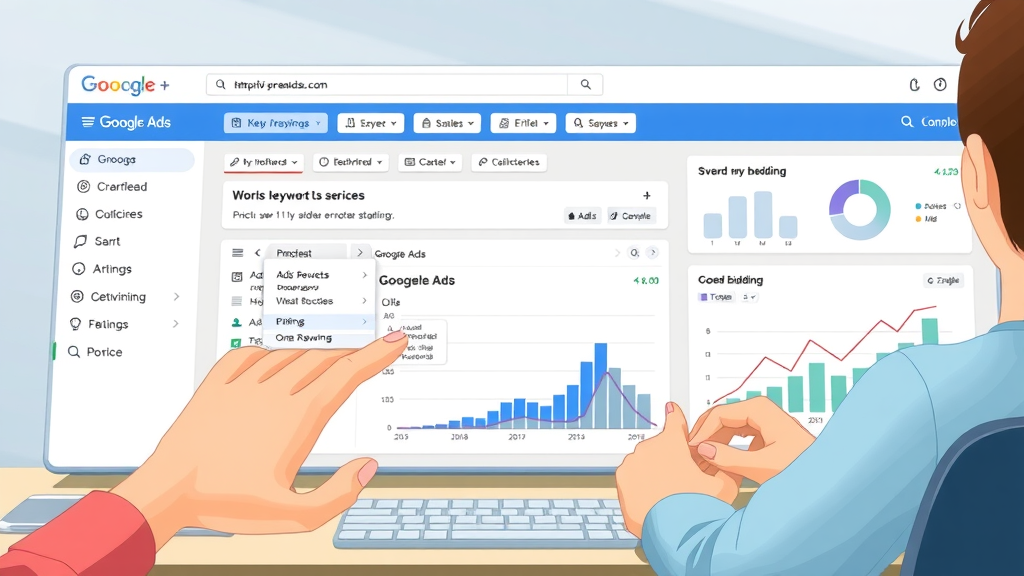 Digital illustration of Google Ads interface highlighting keyword selection and bidding options