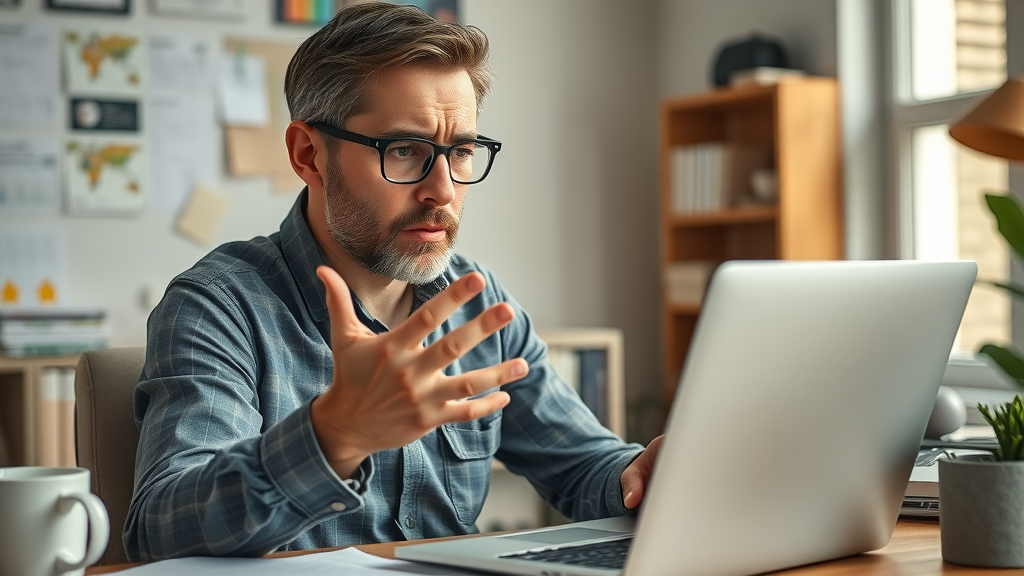 Frustrated small business owner analyzing underperforming google ads campaign results at home office
