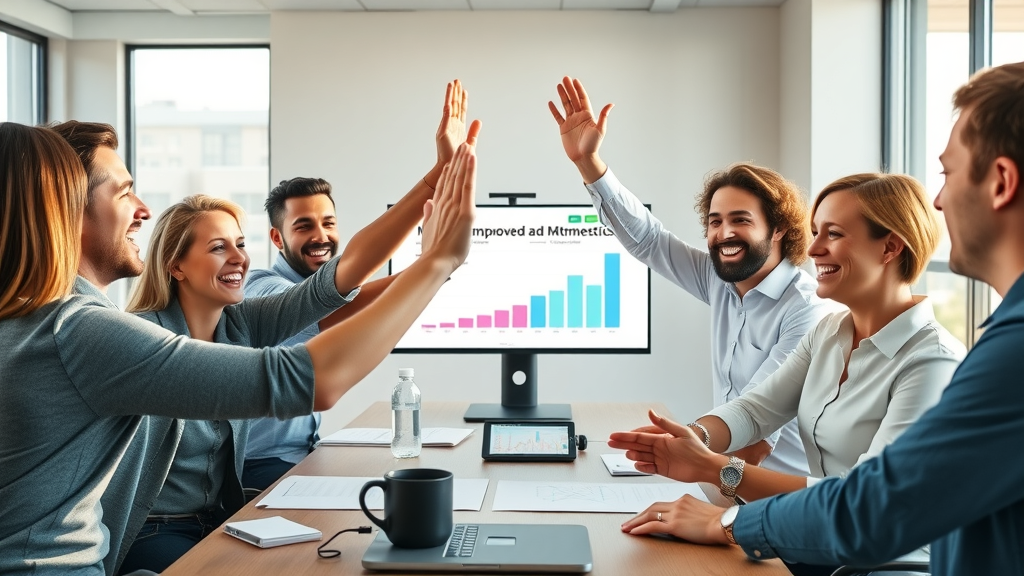 Positive marketing team celebrating successful google ads campaign results in a modern office