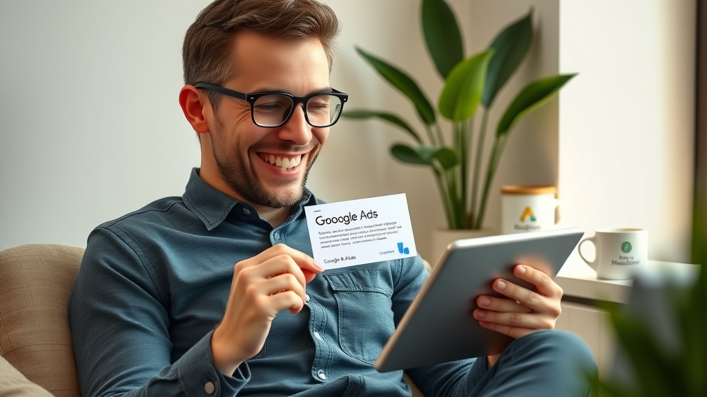 Business owner happy with Google Ads promotional credit email using a tablet in cozy office
