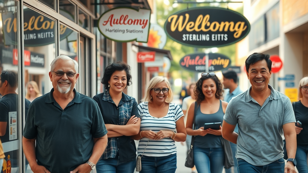 Diverse business owners smiling outside their shops in Sterling Heights, friendly and welcoming, urban backdrop, local SEO reputation success