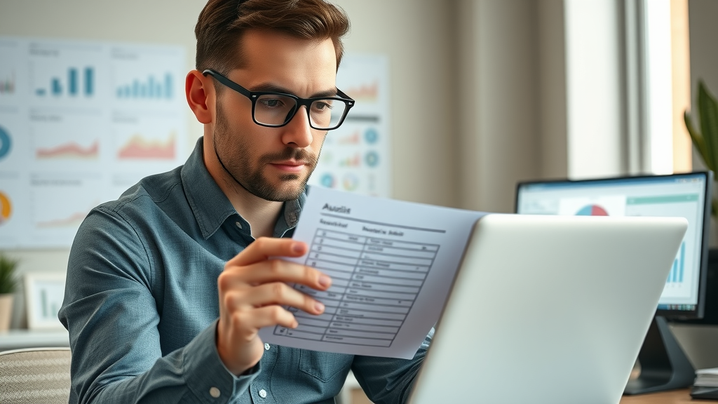 Sterling Heights business owner reviewing digital SEO reputation audit checklist on laptop