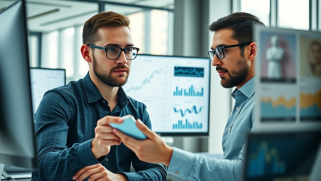 digital marketing team analyzing paid search data and search ad metrics in modern office