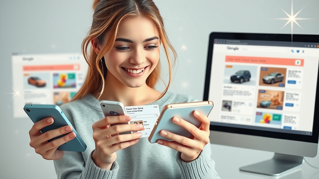 device screens showing different types of paid search ads: text, shopping, local, responsive, and call-only