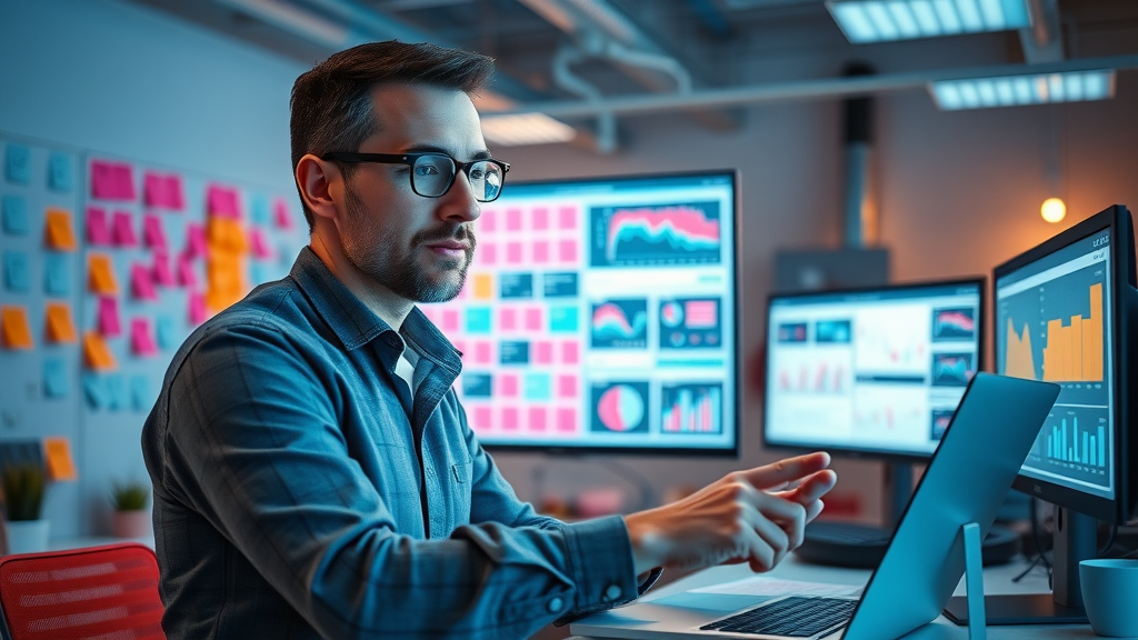 digital marketing manager organizing paid search campaign with analytics dashboard
