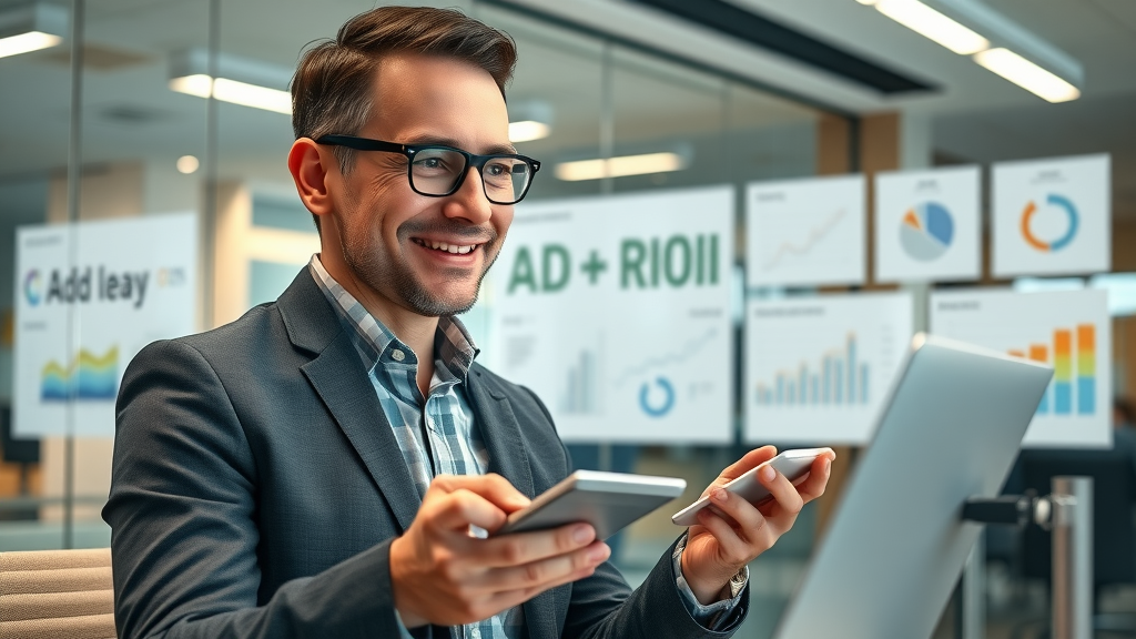 businessperson analyzing paid search ad budget and return on investment dashboard