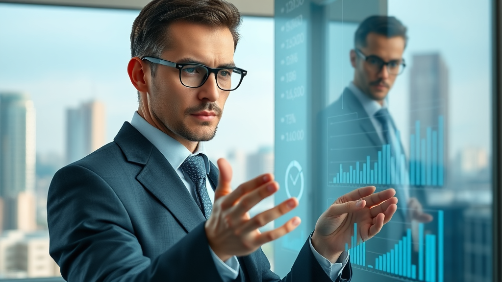 thoughtful businessperson examining digital graphs for ad targeting techniques in a modern office environment