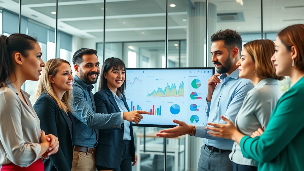 diverse group of marketing professionals collaborating on ad targeting techniques in a modern conference room