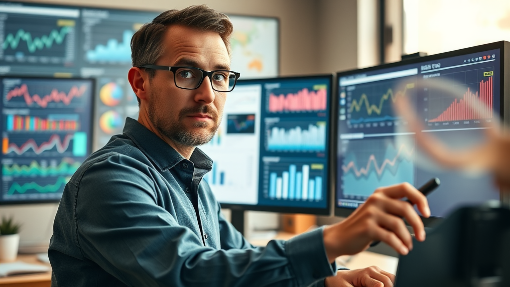 business analyst comparing first-party and third-party data for ad targeting on dual monitors