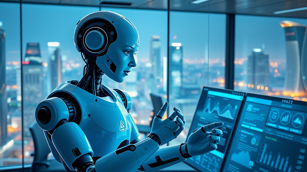AI robot and marketer collaborating on ad targeting dashboards with flowing data lines