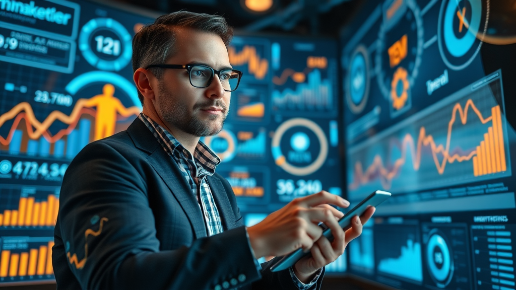 savvy marketer analyzing predictive analytics on interactive display for ad targeting